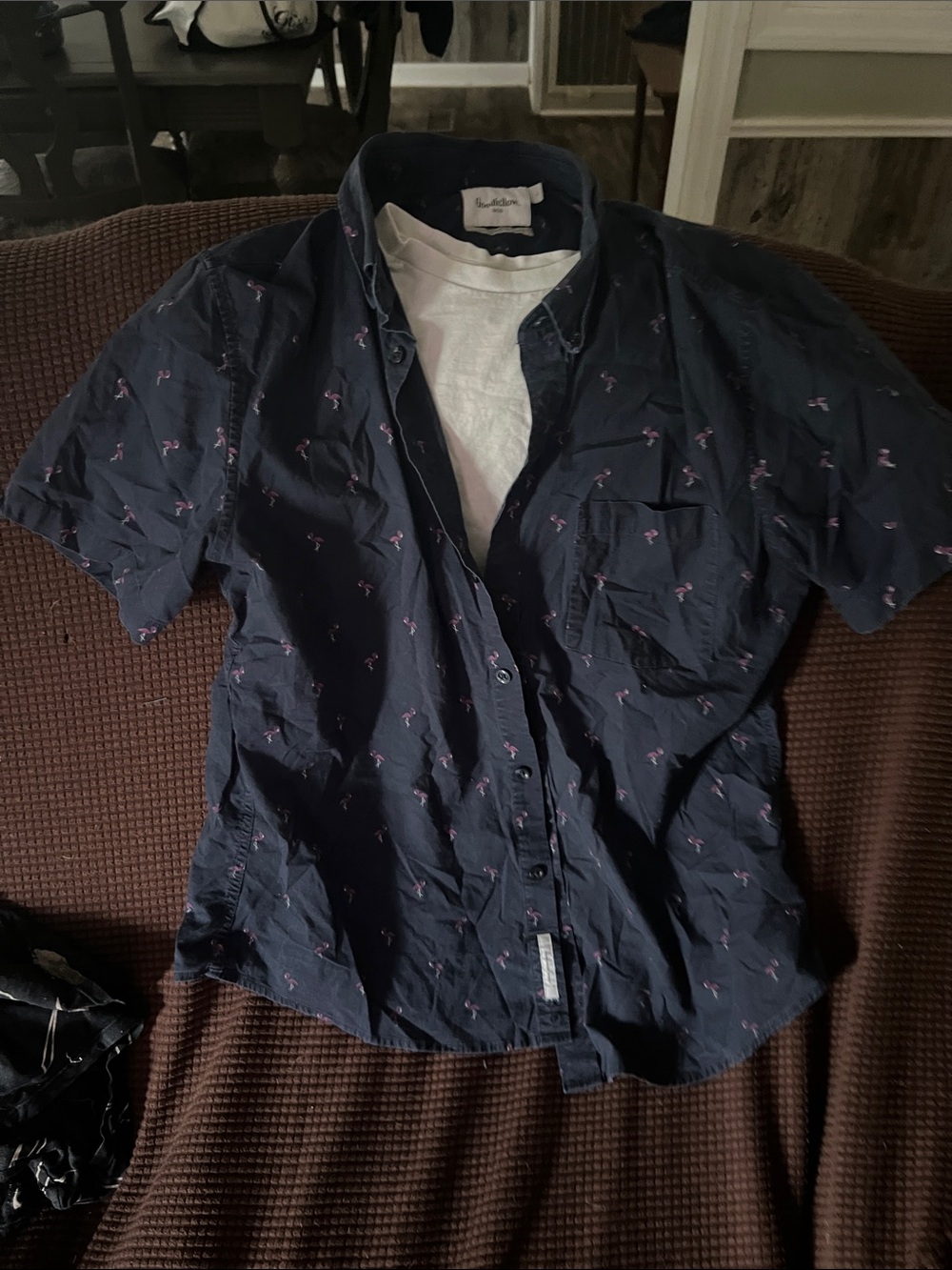 Men's Navy Short-Sleeve Button-Up Shirt with Flamingos
